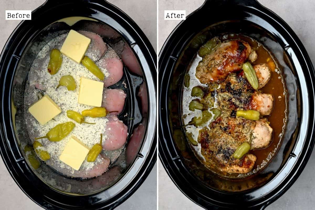 Before and after cooking Mississippi chicken in a crockpot