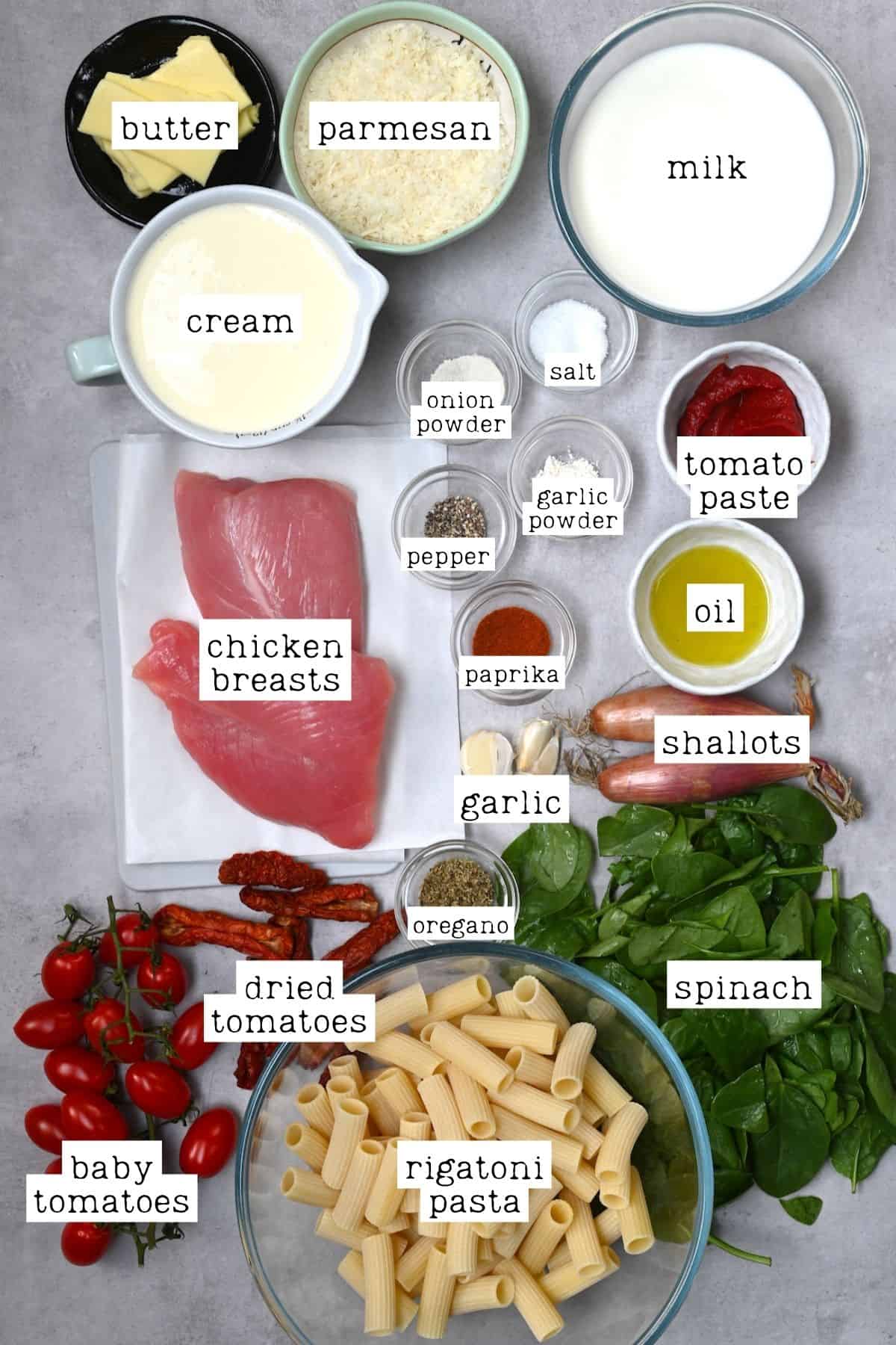 Ingredients for Tuscan chicken pasta