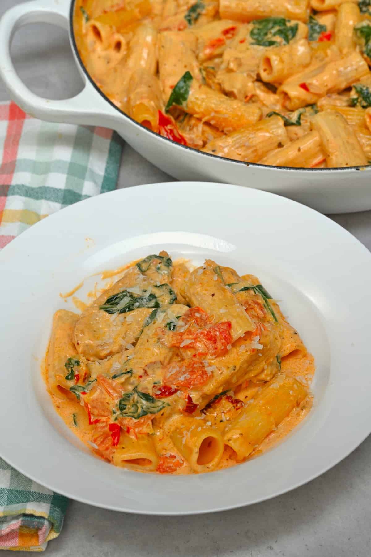 A serving of Tuscan chicken pasta