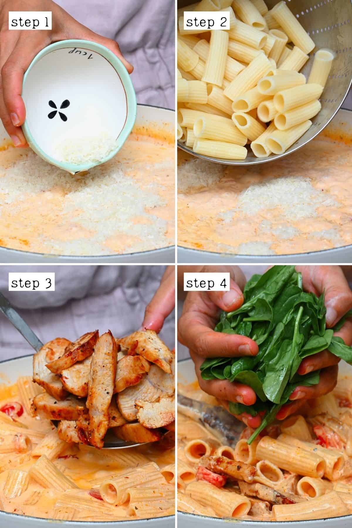 Steps for assembling Tuscan chicken pasta