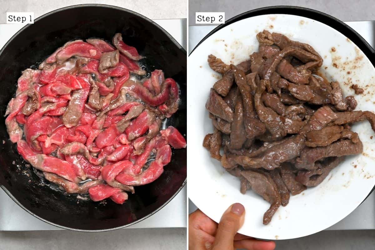 Steps for cooking beef in a wok