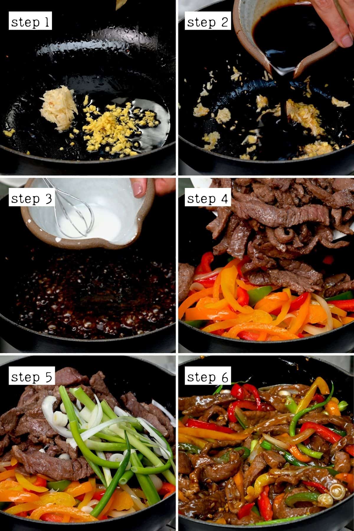 Steps for making beef stir fry with pepper and green onions