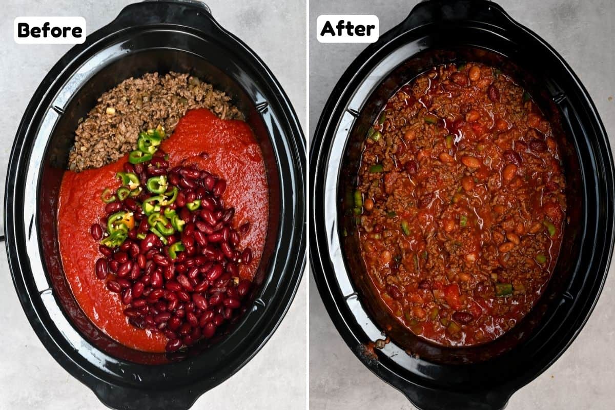 before and after cooking crock pot chili