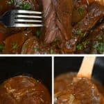 Collage Steak and Gravy in crockpot with Spatula , and Fork