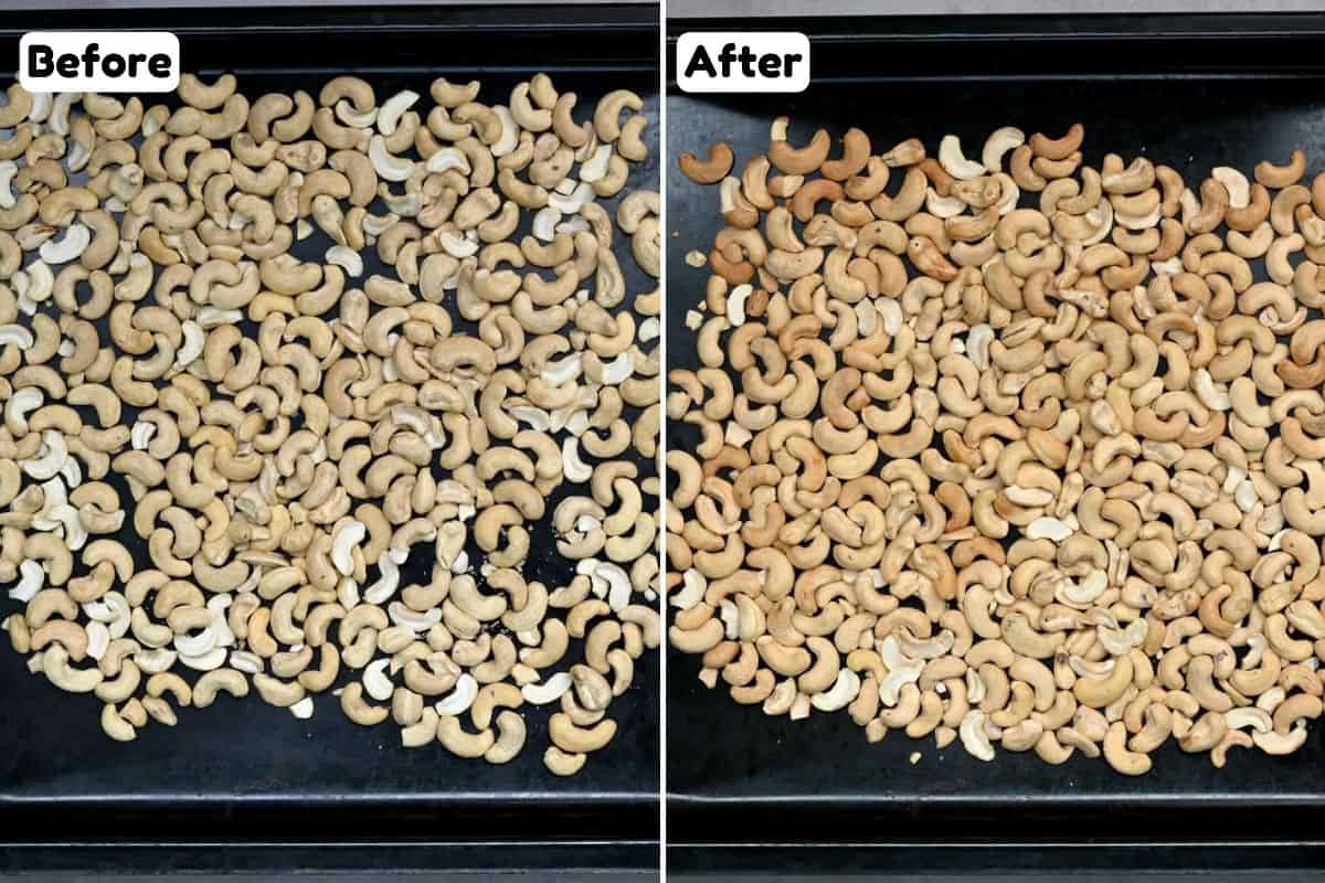 Before and after roasting cashews in the oven