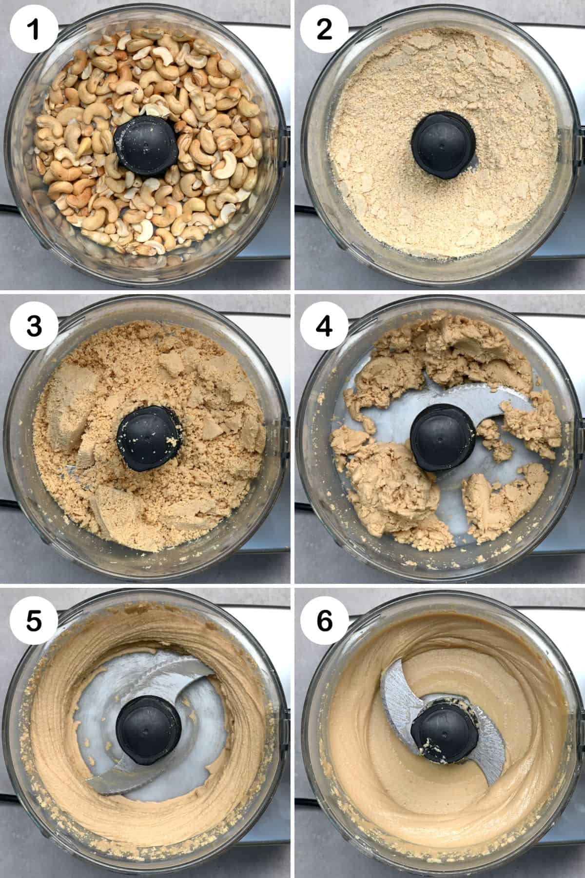 Steps for making cashew butter in a food processor