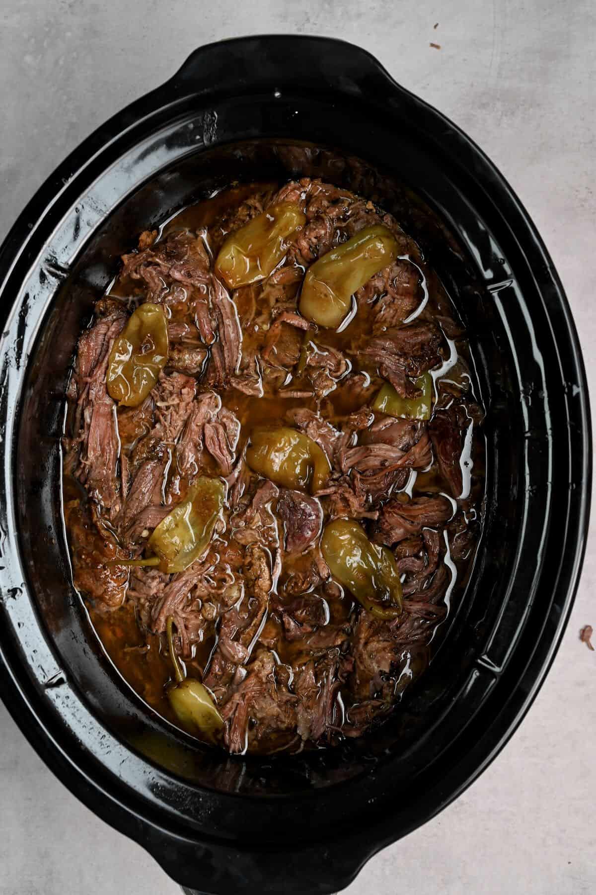 Mississippi pot roast inside a crockpot