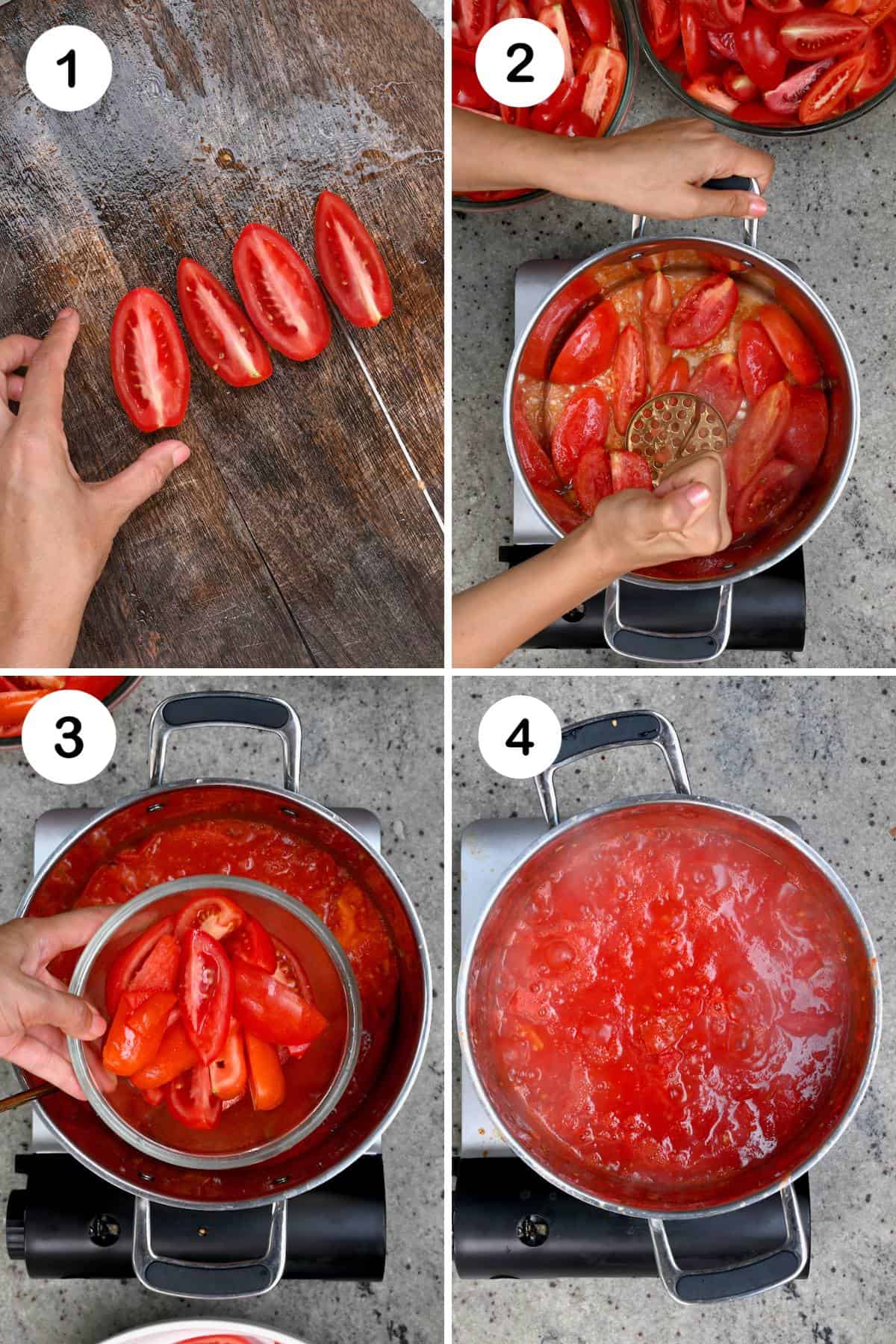 steps for chopping and boiling tomato juice
