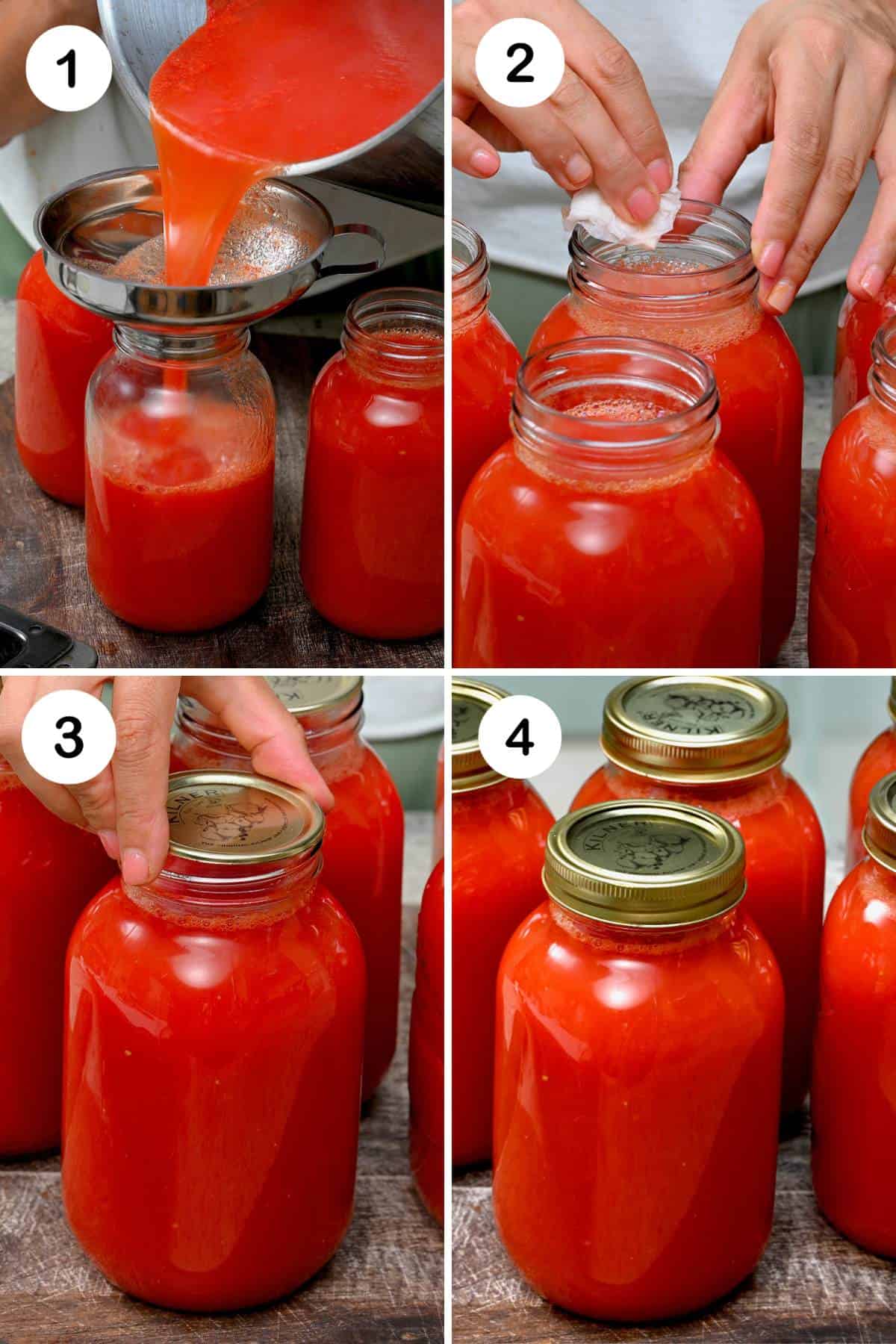 collage of bottling the tomato juice in glass jars