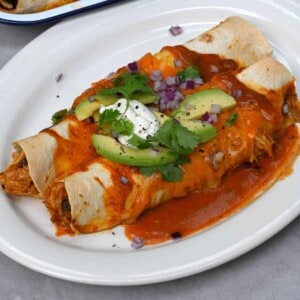 chicken enchilada wraps on a white plate