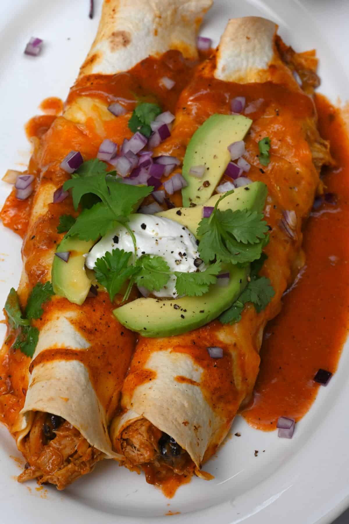 chicken enchilada wraps on a white plate topped with toppings