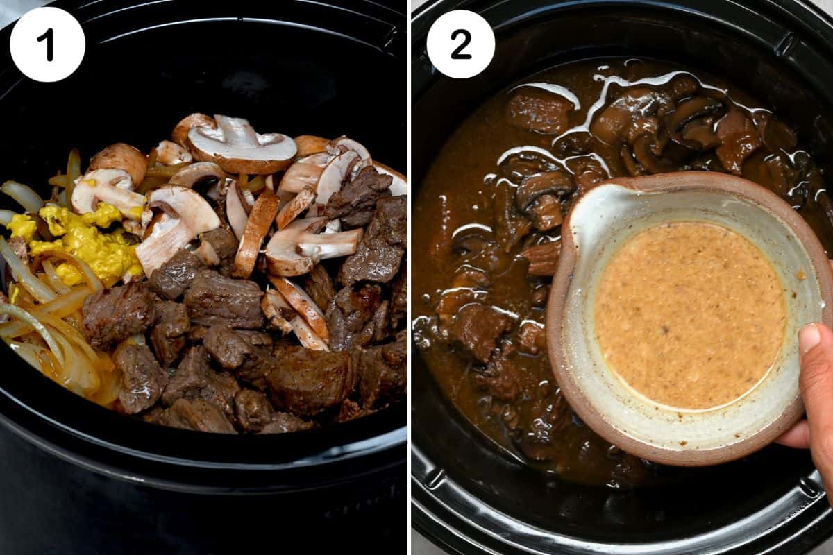 steps for Slow Cook and thicken the beef stroganoff