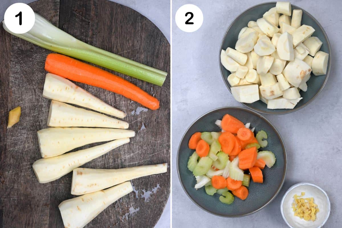 steps for prepparing the veggies for parsnip soup