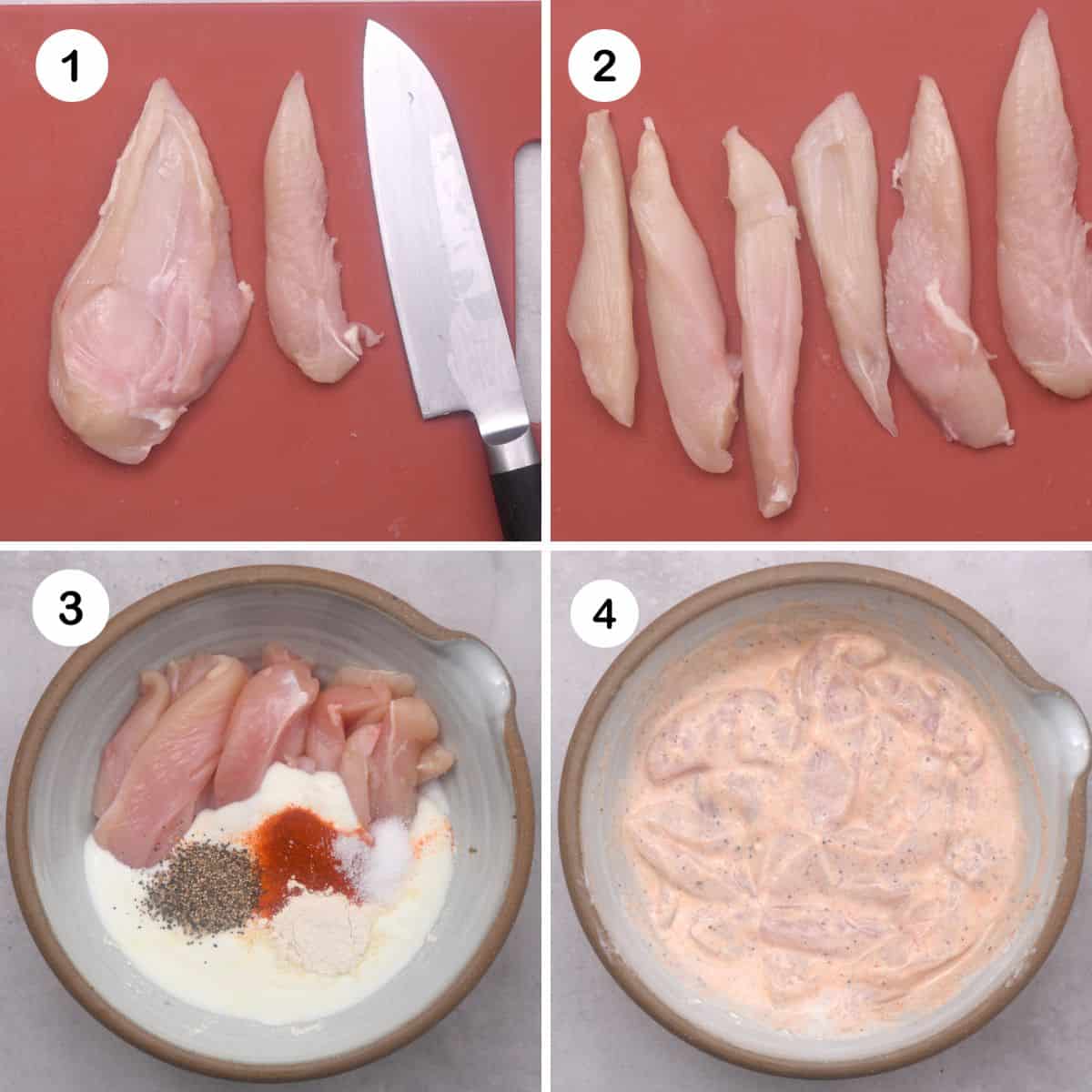 Steps for cutting and marinating chicken tenders