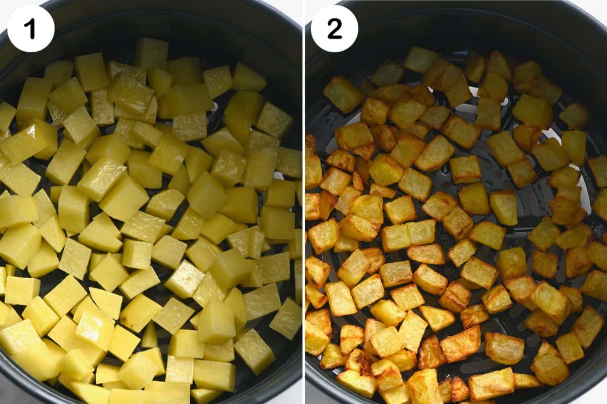 Before and after air frying potatoes