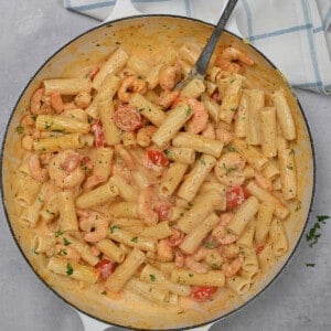 Pasta and shrimp dish in a pot