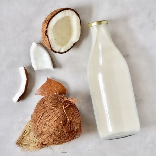 Homemade coconut milk in a bottle