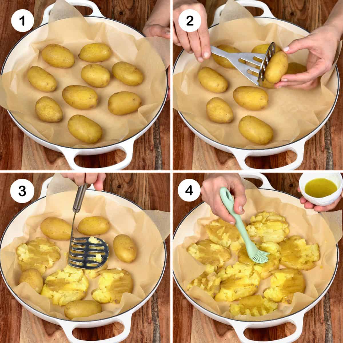 Smashing boiled potatoes and adding oil