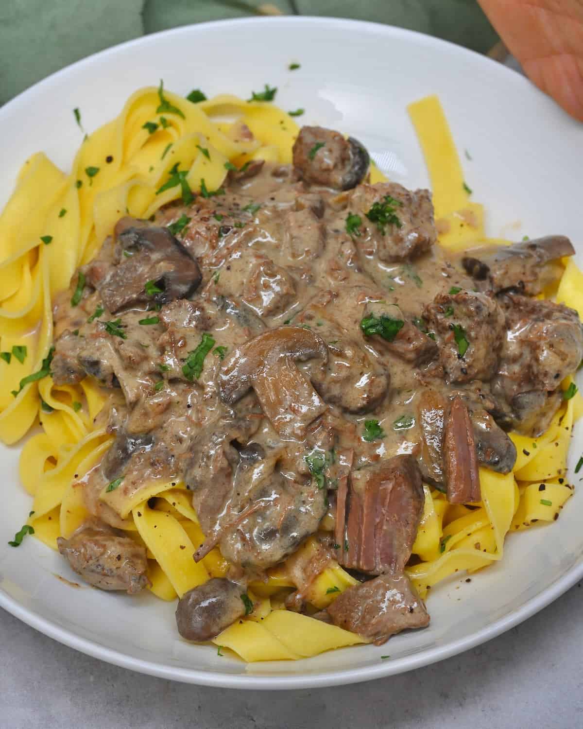 A serving of beef stroganoff with pasta