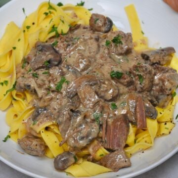 A serving of beef stroganoff with pasta