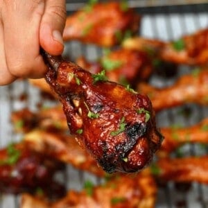 A close up of BBQ crockpot chicken drumstick