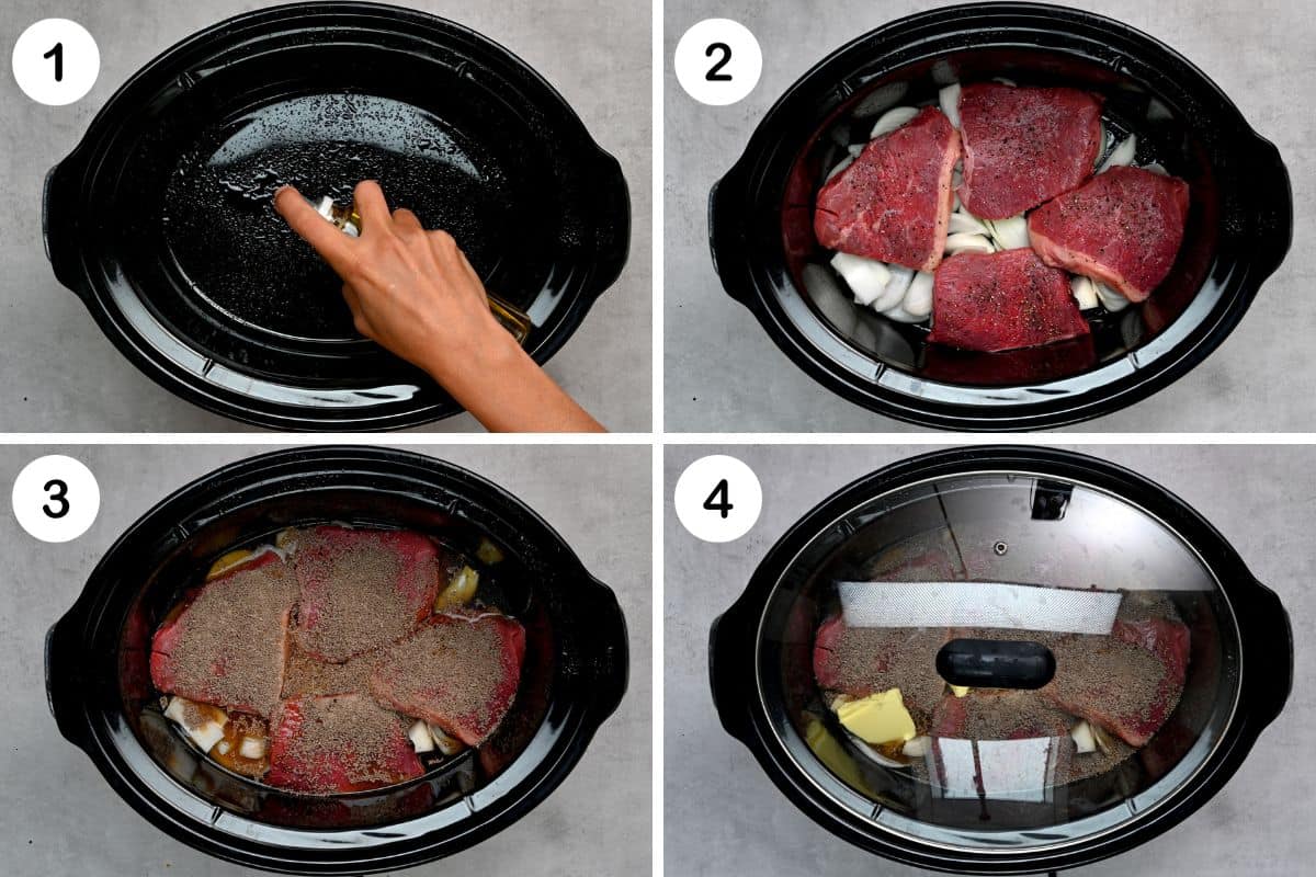 Steps for preparing steak and gravy in a crock pot