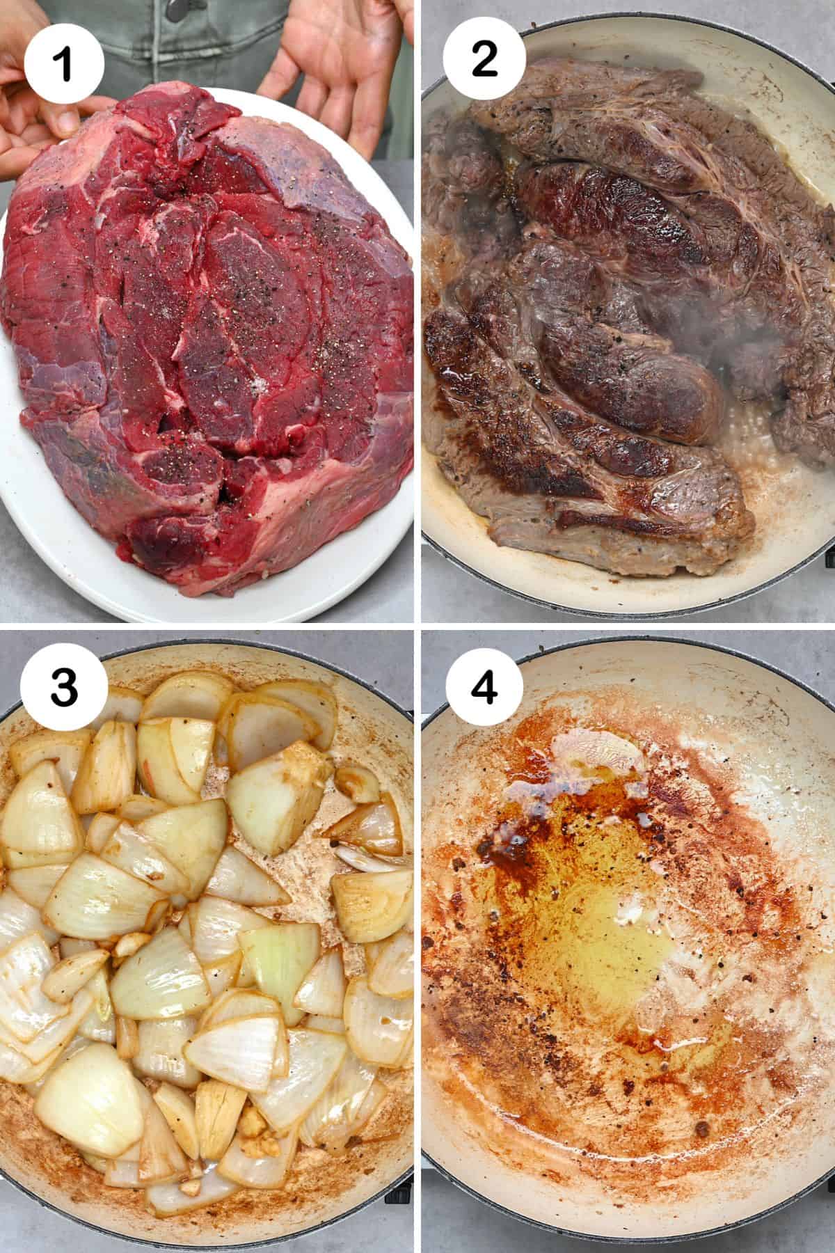 Steps for searing chuck roast and onions
