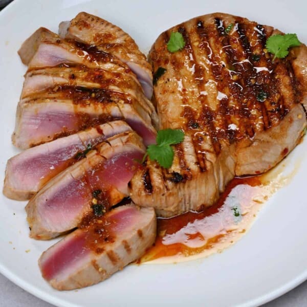 close up of grilled sliced tuna steak medium rare