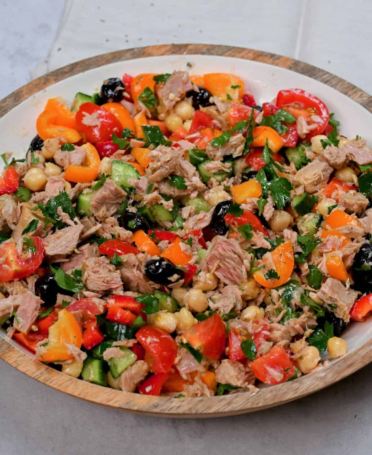 side view of a plate of mediterranean tuna salad