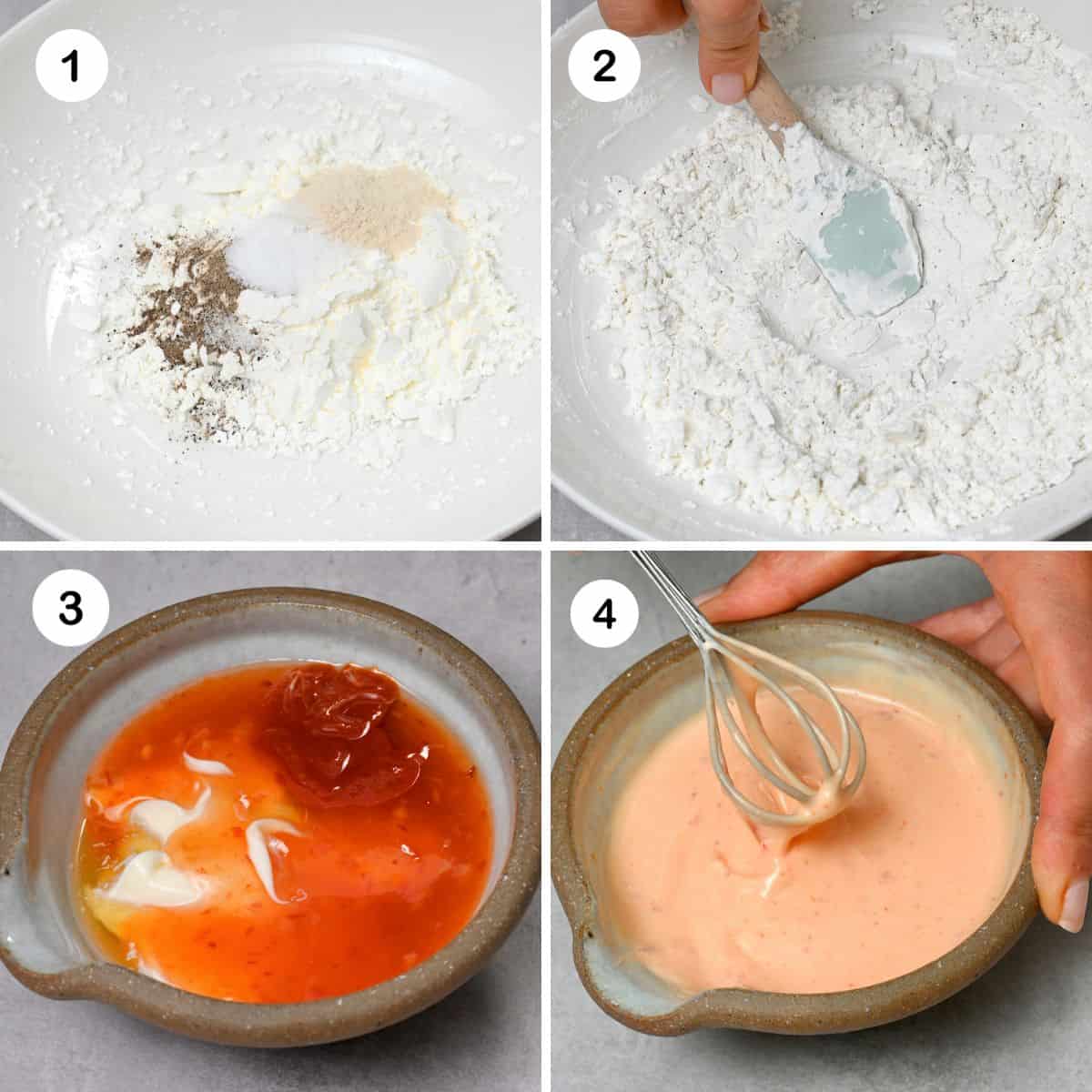 steps for the sauce and the coating of bang bang shrimp