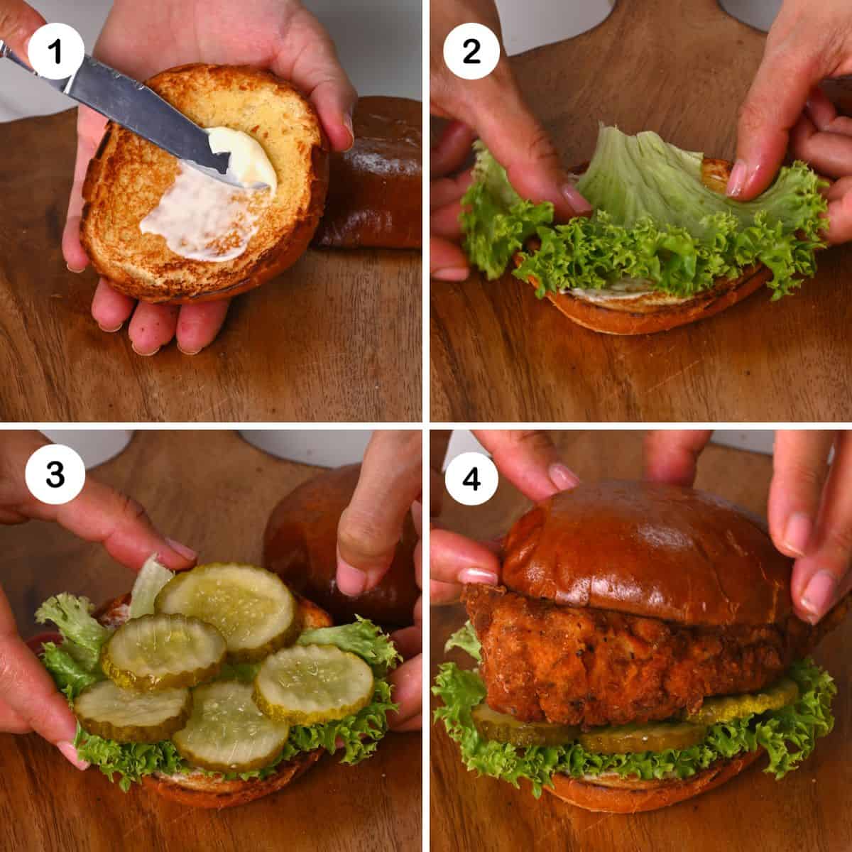 steps to assemble fried chicken sandwich