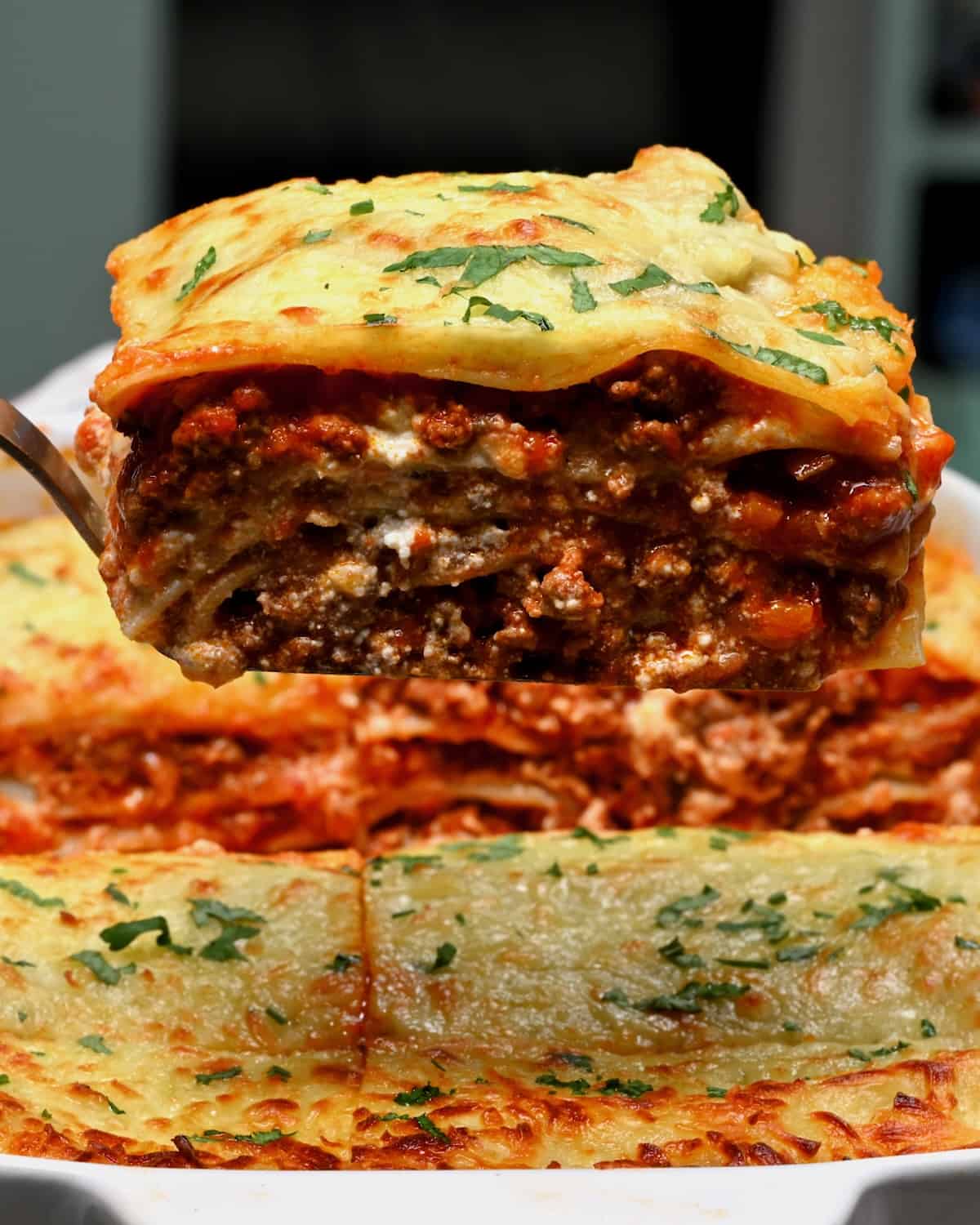 A slice of homemade beef lasagna
