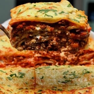 A slice of homemade beef lasagna
