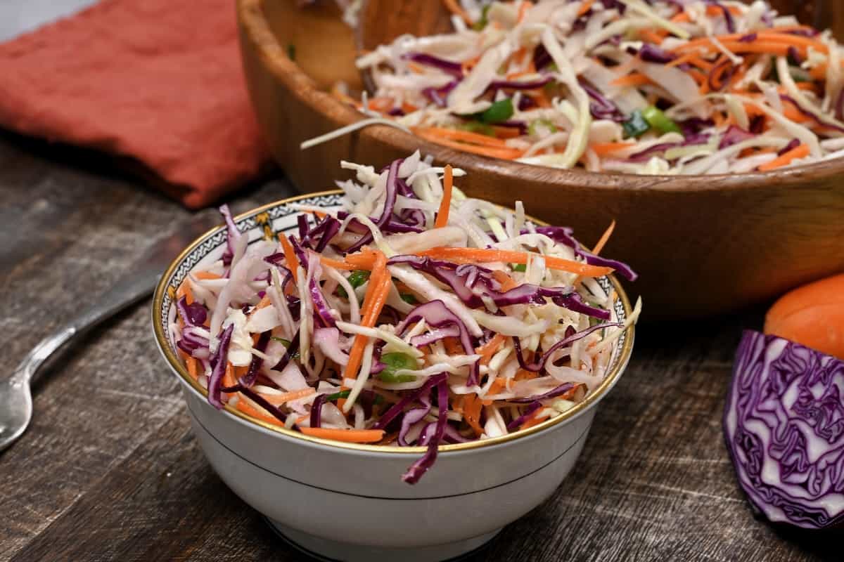 A serving of green and red cabbage salad