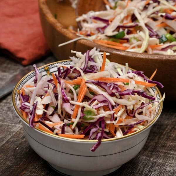 A serving of green and red cabbage salad