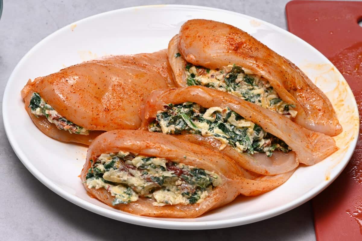 Prepared chicken breasts stuffed with cheese and spinach