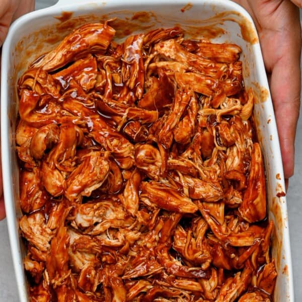 Pulled bbq chicken in a baking dish