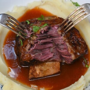 A serving of slow cooker short ribs with mashed potatoes