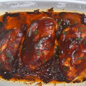 Three chicken breasts cooked with BBQ sauce