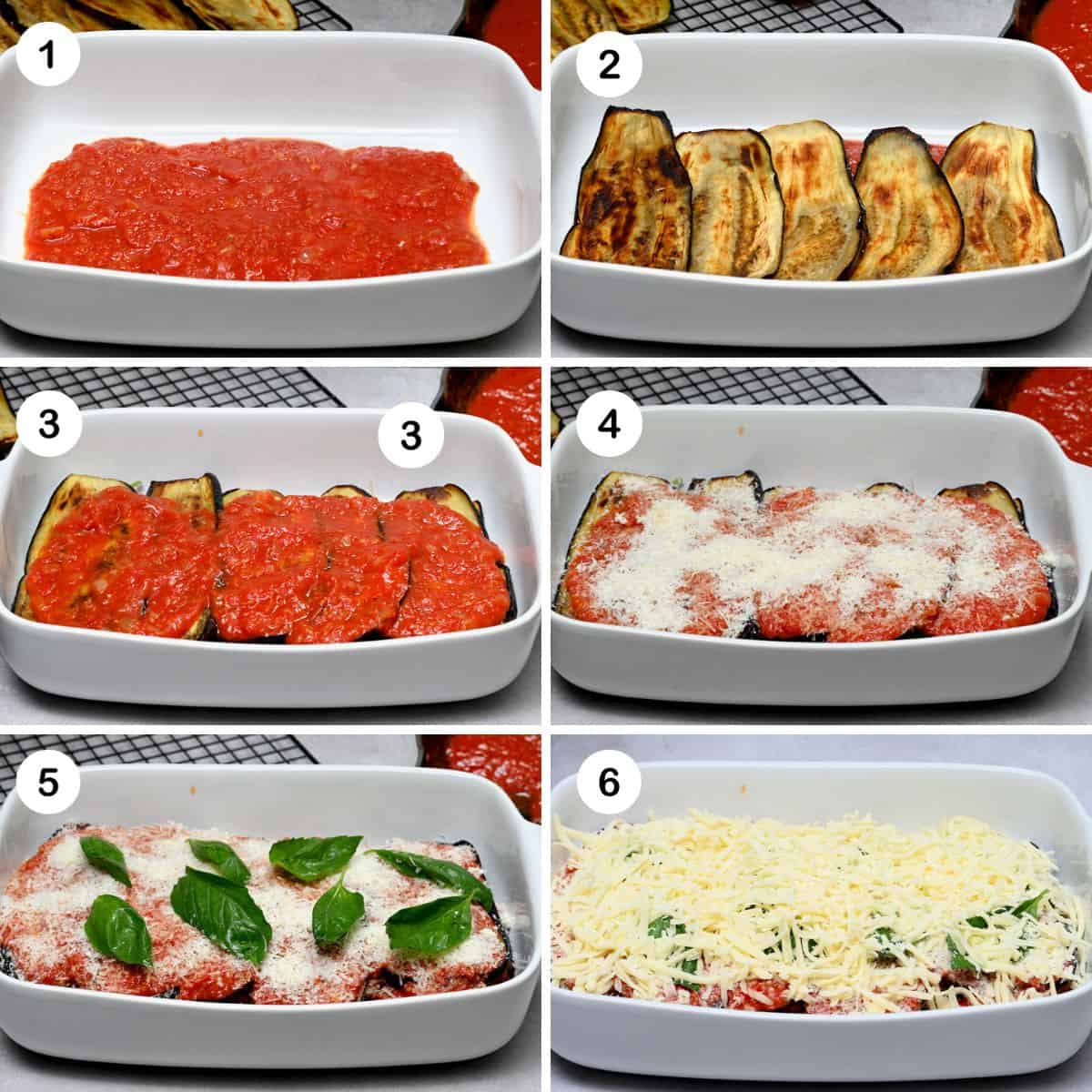 Steps for assembling eggplant parmesan