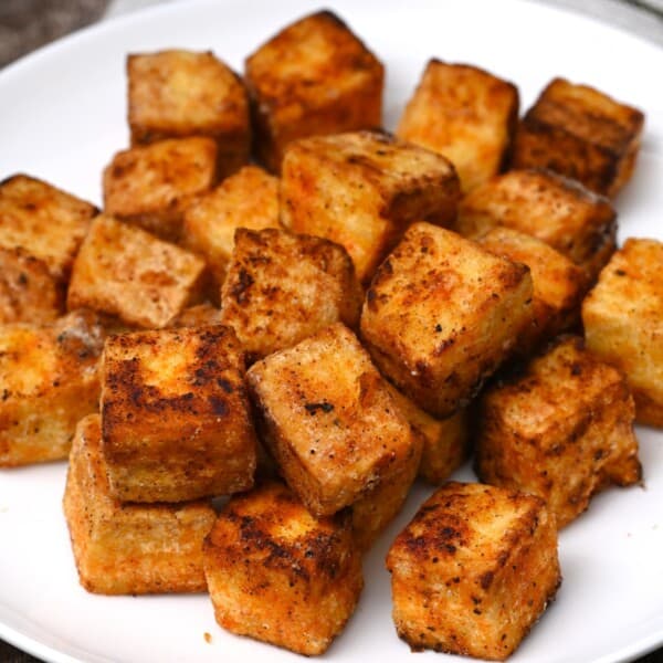 Cubed fried tofu on a plate