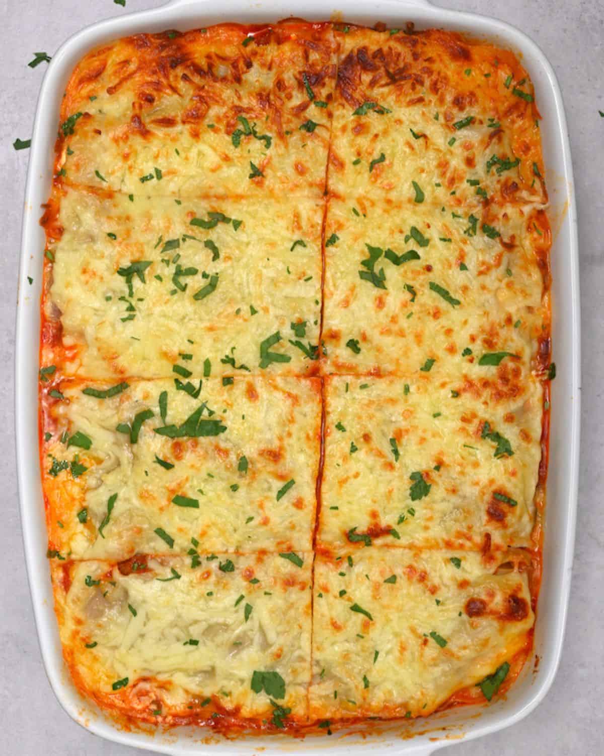 Home-baked beef lasagna in a baking dish