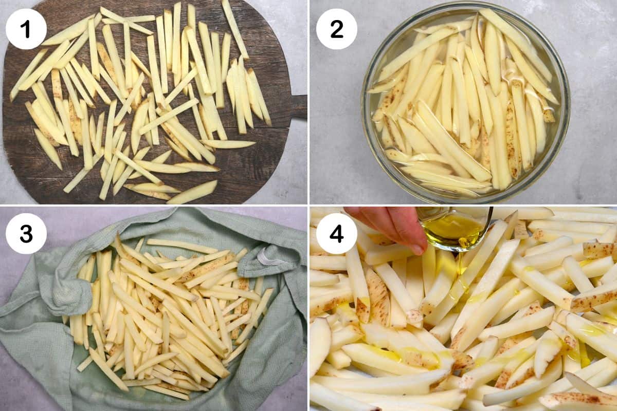 steps for preparing potatoes for french fries(cut, soak, dry, and season)