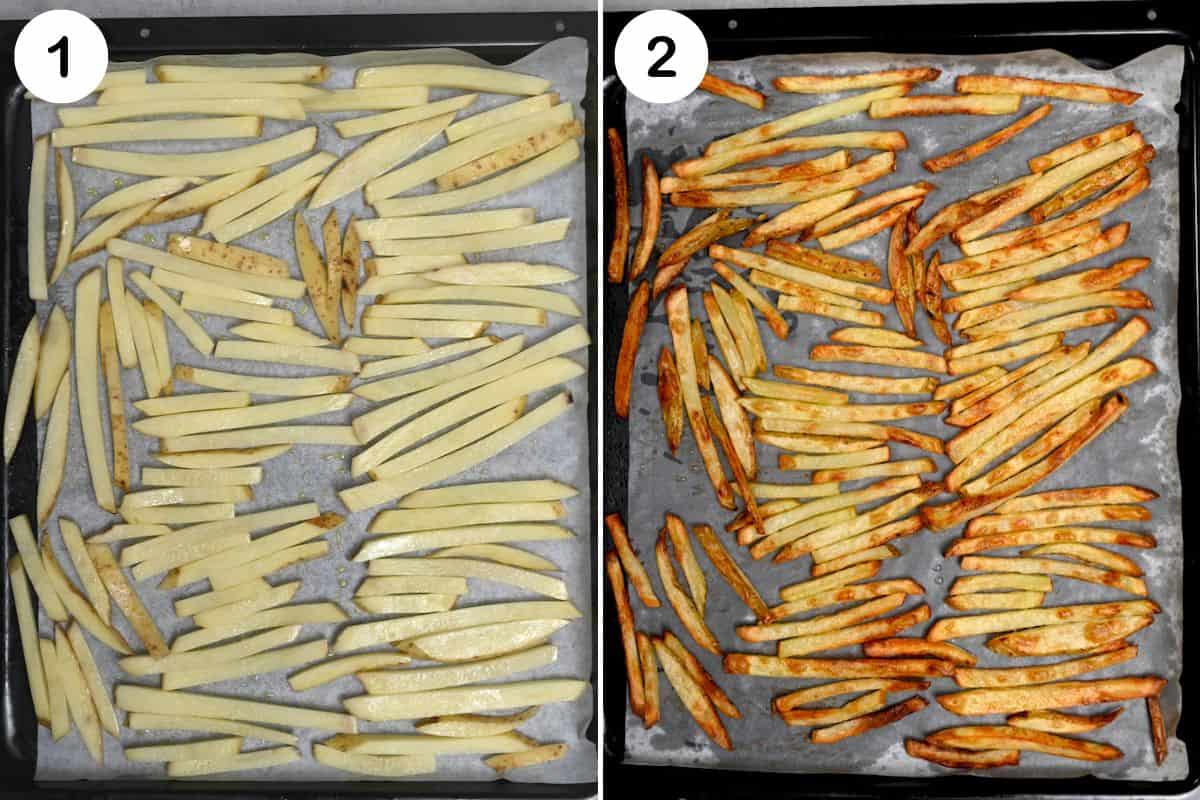 steps to arrange potatoes on baking sheet and bake