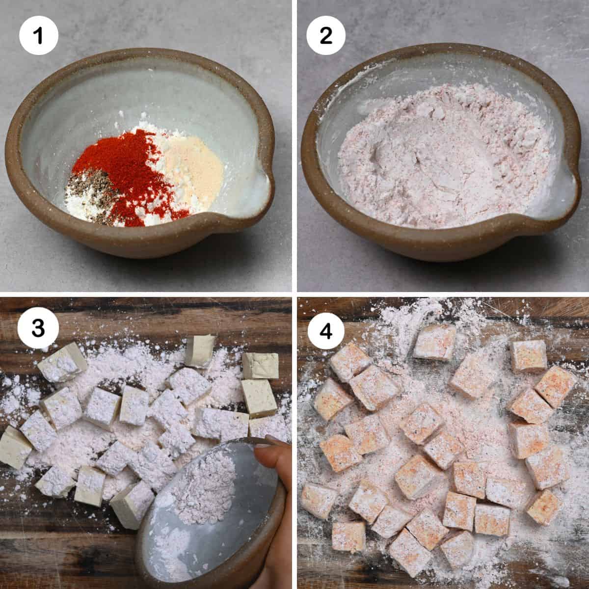 steps to coat tofu with the cornstarch mixture