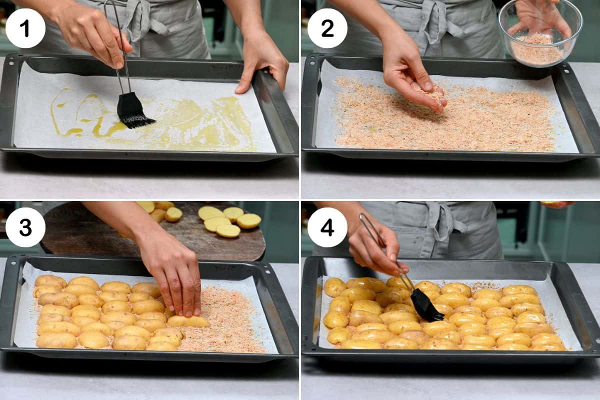 Steps to layering cheese mixture and potatoes on the baking sheet