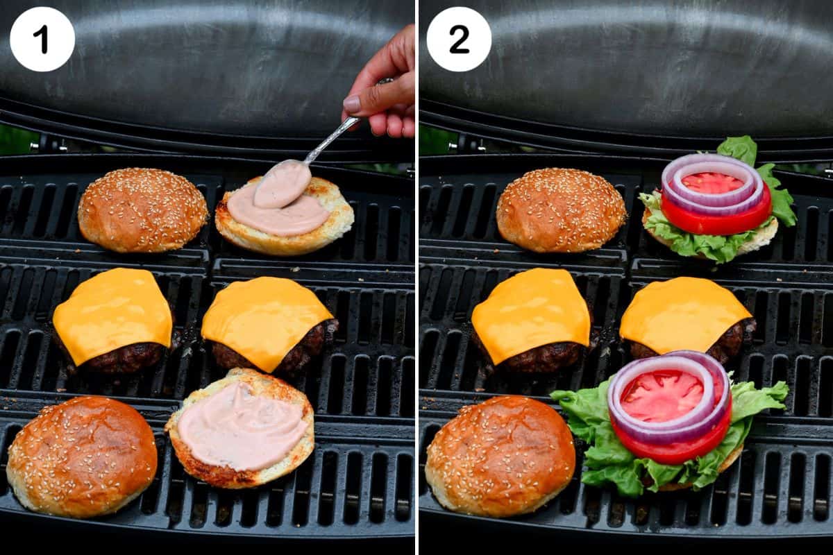 Assembling grilled patties on the grill with favorite toppings.