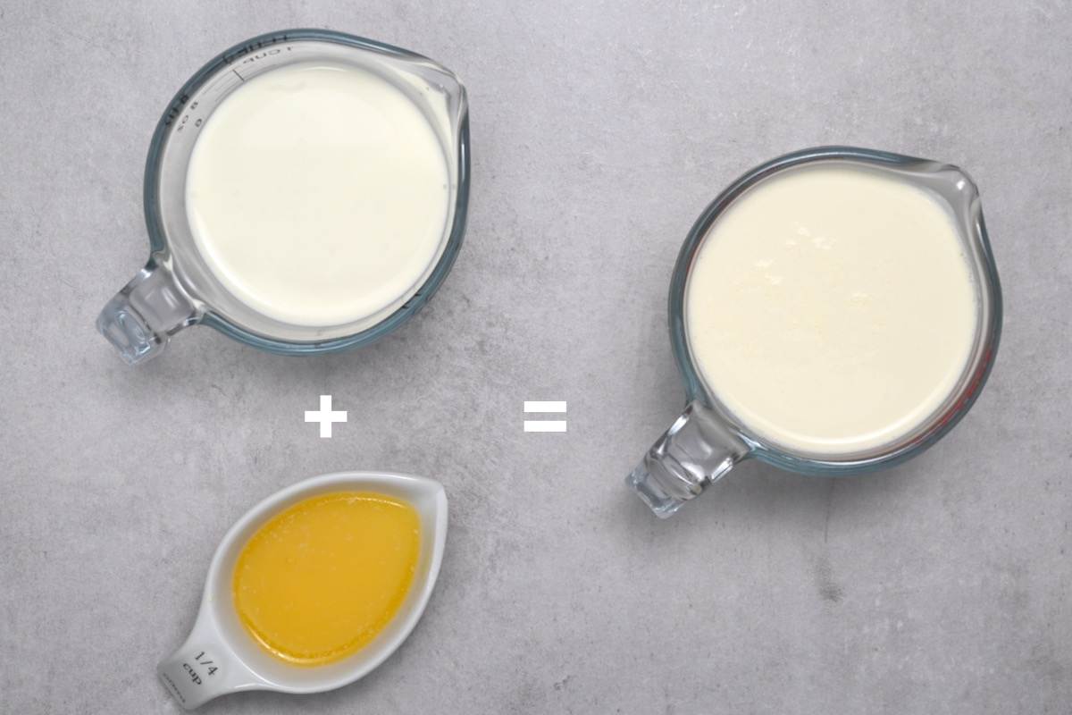 Half and Half next to melted Butter next to heavy cream