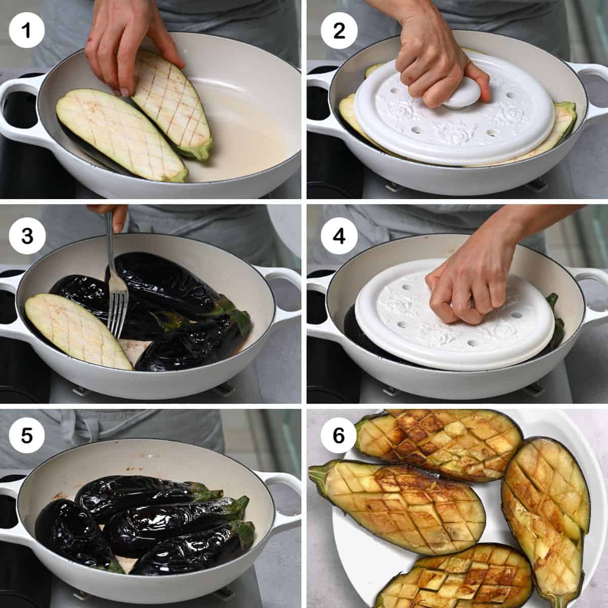 Steps for cooking eggplant in a pan