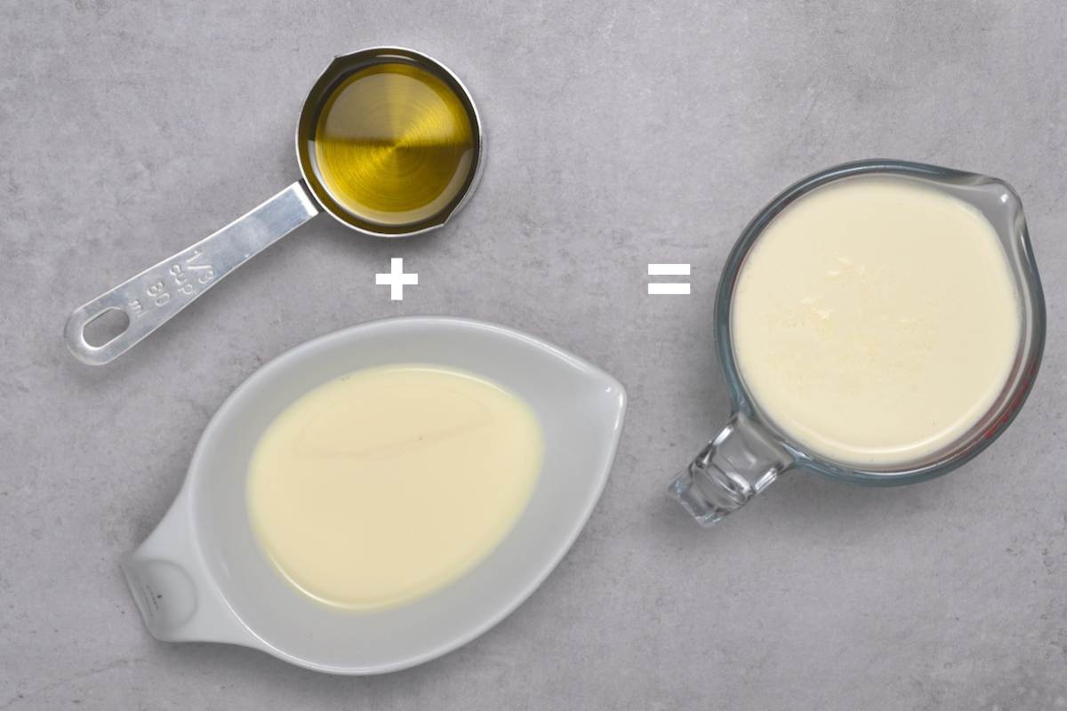 Soy milk and olive oil next to heavy cream